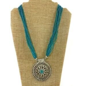 Tanjore India Turquoise Colored Necklace With Silver Medallion 15 Inches Long